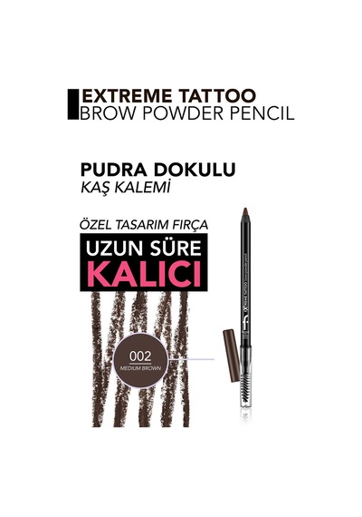 Flormar Extreme Tattoo Yumuşak Dokulu Pudra Bitişli Uzun Süre Kalıcı Fırçalı Kaş Kalemi 002 Medium Brown