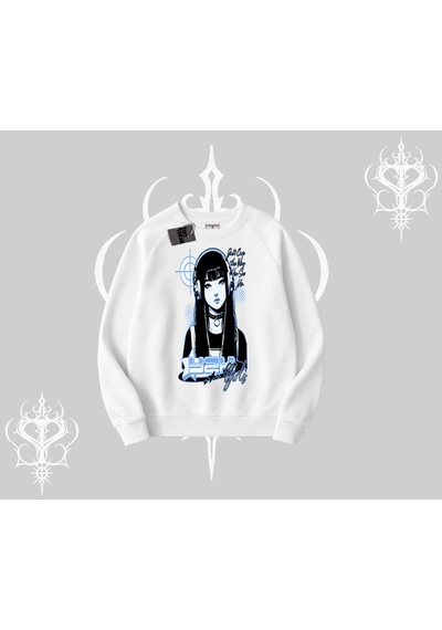 Startmore Biskilet Sweatshirt Cyber Y2k Anime Girl Street Sound Aesthetic Beyaz