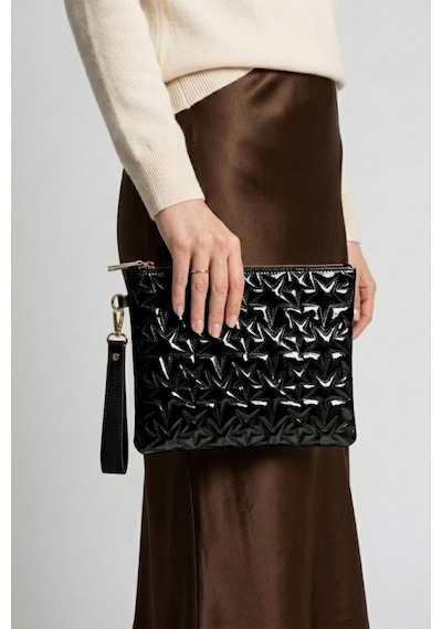 Gl-003 Yıldız Dikişli Kadın El Çantası Clutch Çanta Omuz Çantası Çapraz Çanta Pörtföy Çanta Rugan Siyah