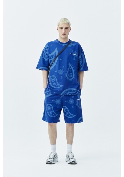 Oversize Desenli Şort Tişört Takım Saks