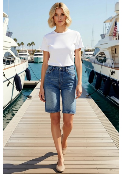 Benerly Kadın Şort Bermuda Yüksek Bel Geniş Paça Düz Desen Denim Kısa Boy mavi