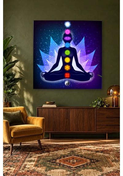 Fida Mavi Işıklı Lotus Ve Yin Yang Çakra Canvas Tablo