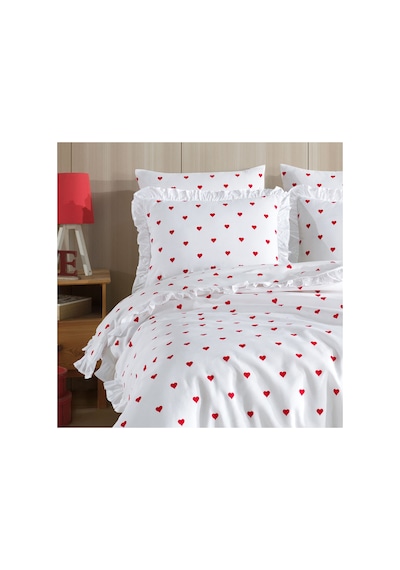 Fırfırlı Kalpli Çift Kişilik Nevresim Takımı 4 Yastık Kılıfı Lastikli Çarşaflı 200x220cm Çok Renkli