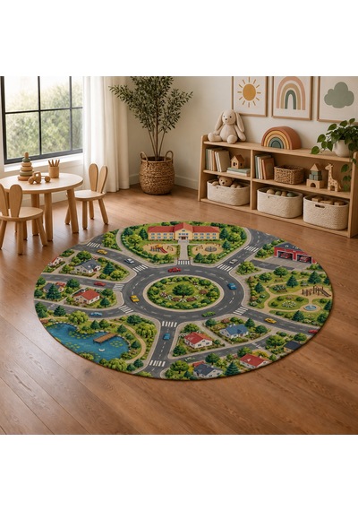 Kartela Halı Şehir Kavşağı Yuvarlak Çocuk Oyun Halısı Kaymaz Dot Taban Yıkanabilir 120 Cm Çap