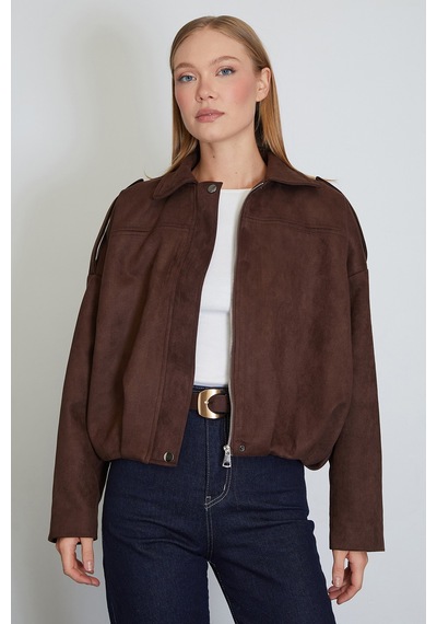 Fullamoda Fermuarlı Polo Yaka Süet Bomber Ceket Kahve