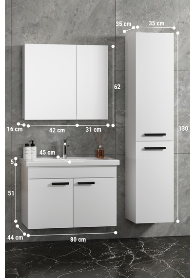 Çiğdem Kulplu 80 - 35 CM Beyaz Mdf Seramik Lavabolu Asma Banyo Dolabı Takımı