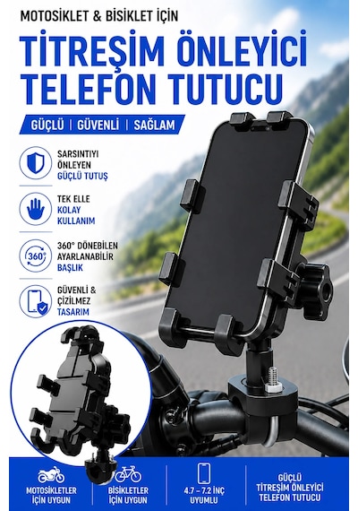 Exenar - Siyah - Motosiklet Titreşim Önleyici Motosiklet Telefon Tutucu Gidon Bağlantılı Motosiklet Scooter Bisiklet