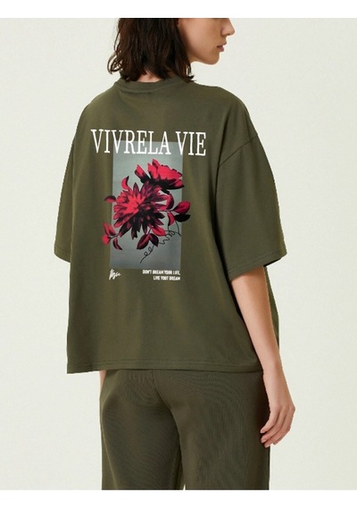 Flood Of Style Unisex Haki Vivre La Vie Baskılı Oversize Bisiklet Yaka Penye Tişört