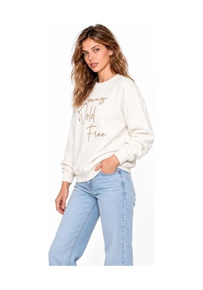 Mevese Kadın Parlak Taş Baskılı Salaş Kesim Üç İplik Sweatshirt - Beyaz