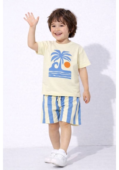 Miniko Kids Erkek Çocuk Palmiye Desenli Pamuk Şortlu Takım Mavi