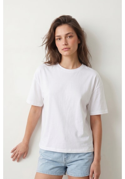 Elemge Pamuk Süprem Kadın Boxy Fit Beyaz T-shirt Bol Kesim Düşük Omuzlu Bisiklet Yaka Oversize Tişört