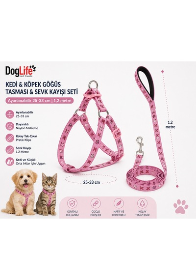Kedi Ve Köpek Göğüs Tasması Sevk Kayışı Seti 25-33 Cm Çiçek Desenli 1,2 Metre - Pembe Çok Renkli