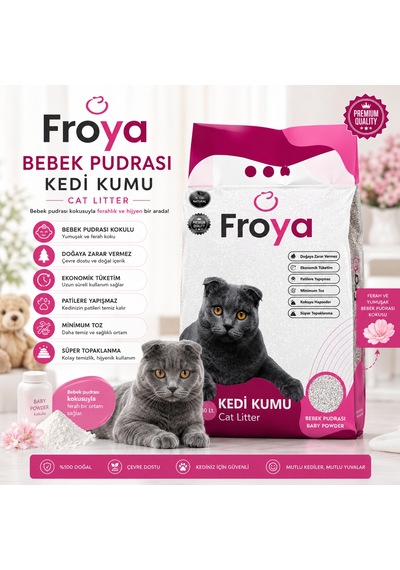 Froya Bebek Pudrası Kokulu Kedi Kumu 10 Lt Orta Taneli Topaklanan Tozsuz Kedi Kumu