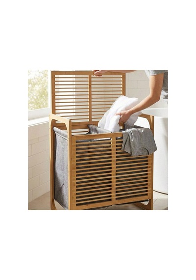 Kalın Ahşap Bambu 2 Bölmeli Kirli Çamaşır Sepeti Kumaş Çantalı Sepet 54x35x60cm 5671 Çok Renkli Çok Renkli