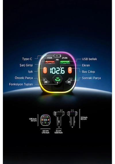 Bluetooth Araç Çakmaklık Fm Transmitter Işıklı Mp3 Çalar Type-c Hızlı Şarj Araç Şarj Cihazı