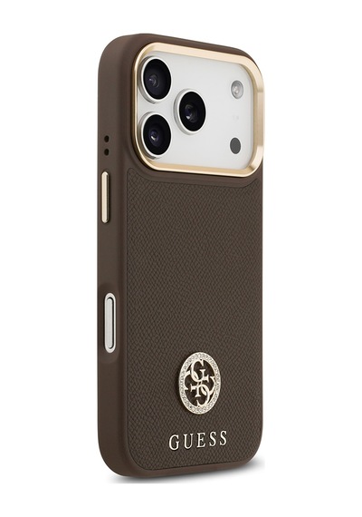 Apple Uyumlu iPhone 17 Pro Kılıf Guess Lisanslı M-safeli Grained Yazı Ve Taşlı 4g Logolu Kapak Kahverengi Kahverengi