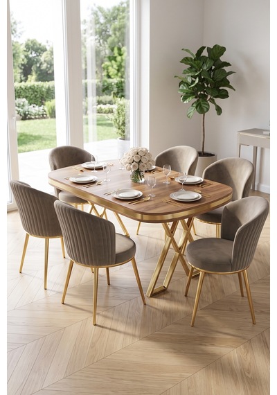 Nisare Serisi 90x168 Lak Panel Hazar Masa Takımı Gold Ayaklı 6 Sandalye Hazar Masa Cappucino Sandalye Ayaklar Gold Nisare Serisi 90x168 Lak Panel Hazar Masa Takımı Gold Ayaklı 6 Sandalye Hazar Masa Cappucino Sandalye Ayaklar Gold