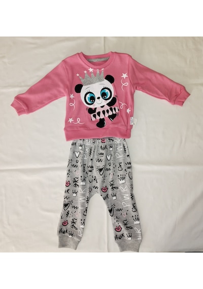 Kız Bebek Panda Baskılı İkili Takım Açık Gri - Pembe