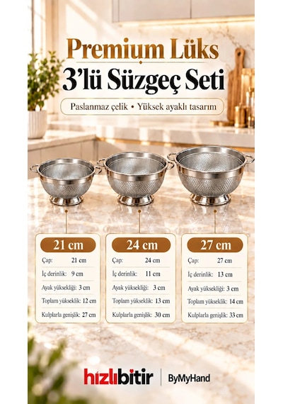 Bymyhand Paslanmaz Çelik Kulplu Çok Amaçlı Makarna Un Meyve Sebze Süzgeç 3'lü Set 27 24 21 Cm Çok Renkli