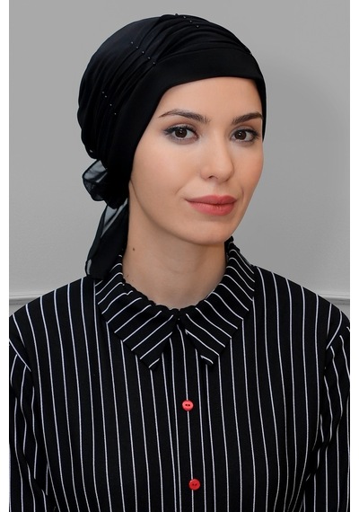 Hürrem Bone Siyah Pratik Hazır Geçmeli Tesettür Bone Sandy Kumaş Incili Pilel Siyah