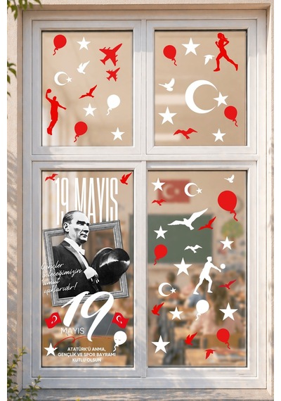 19 Mayıs Çift Taraflı Cam Sticker Seti 70 Parça Atatürk Temalı Pencere Süsü, Atatürk, Gençlik Bayram Dijital Baskı