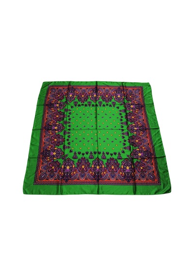 Tikitonki Koyu Yeşil Etnik Çiçek Desenli Saten Eşarp - 90x90 Koyu Yeşil Koyu Yeşil