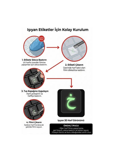 Arapça Karanlıkta Parlayan 3d Klavye Etiketi Uv Transfer, Şeffaf, Kabartmalı Harfler, İz Bırakmaz, Işıksızda Görünür Siyah Diğer