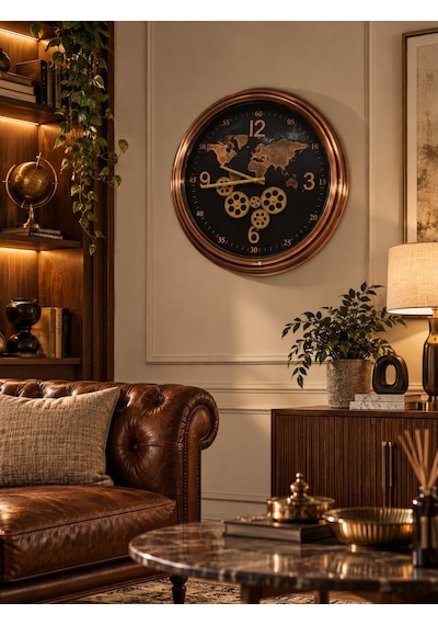 Vintage World Antik Bakır Renk Çark Detaylı Dekoratif Duvar Saati-7944