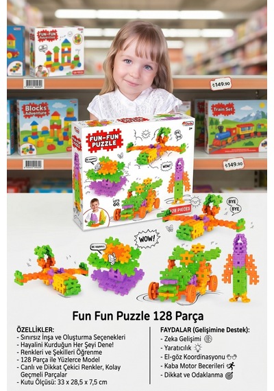 Fun Fun Puzzle 128 Parça Eğitici Yapı Blokları Zeka Geliştirici Tak Çıkar Oyuncak 3+ Yaş