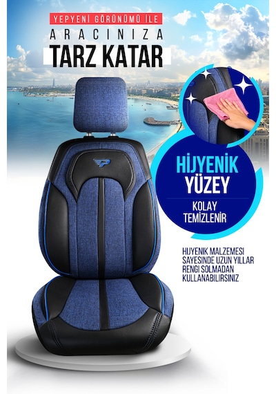 Mavi - Siyah Panda Sevılla Serısı Keten Kumaş Oto Koltuk Kılıfı - Tam Set