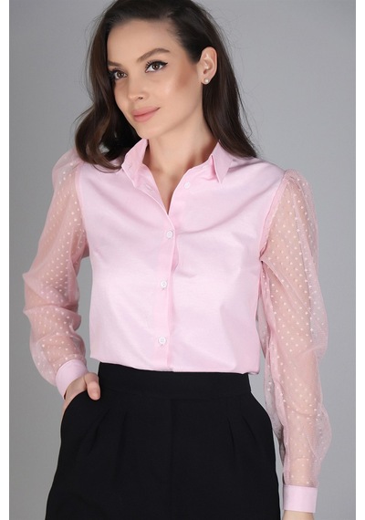Sweetness Kadın Pudra Pembe Tül Kollu Uzun Kol Gömlek Pembe