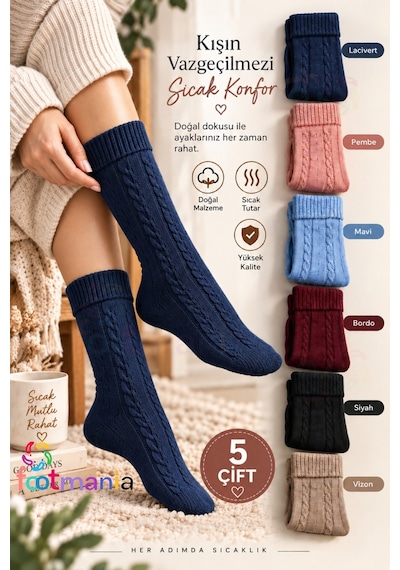 Footmania Kadın 5 Çift Örgü Desenli Sonbahar Ve Kışlık Çorap Seti Extra Yumuşak Çok Renkli