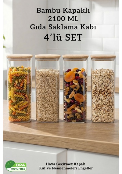 Bambu Kapaklı Kare 4 Lü 2100 Ml Hava Geçirmez Büyük Hacimli Gıda Saklama Kabı Seti Şeffaf