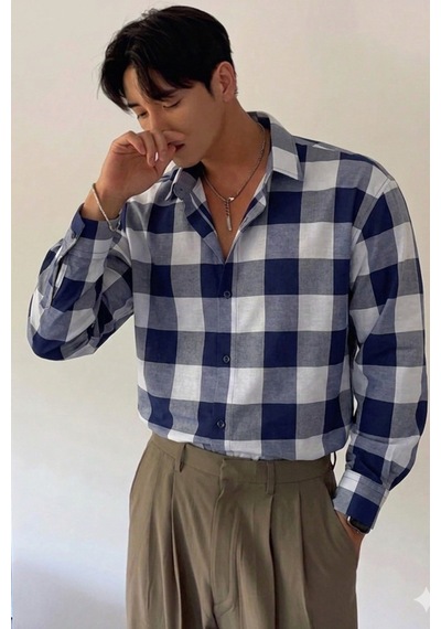 Erkek Ekose-kareli Gömlek Slim Fit Pamuk Karışımlı Klasik Tarz Uzun Kollu Gömlek Mavi
