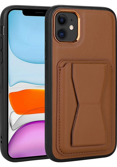 Kilifone - Apple Uyumlu iPhone 12 - Kılıf Kart Bölmeli El Tutacaklı Stand Olan Pu Deri Memo Kapak - Kahverengi