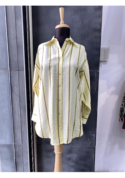 Pera Moda Oversize Çizgili Uzun Kadın Gömleği Sarı