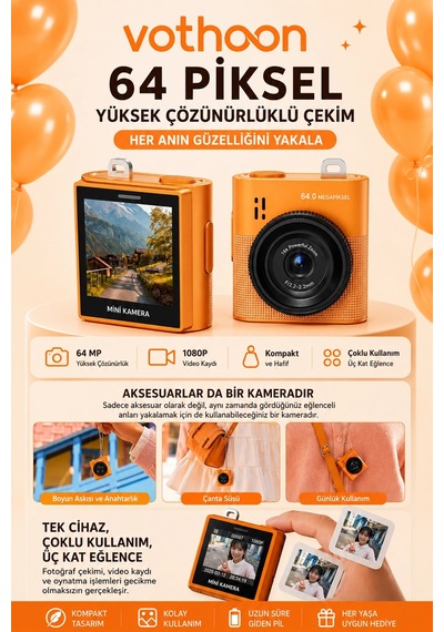 Mini Dijital Kamera 64mp 16x Digital Zoom 1.4 Ekranlı Video Kamera Taşınabilir Tasarım Turuncu