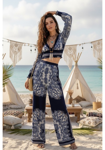 Fashion Cocktail V Yaka Hint Şal Desenli Bohem Yazlık Sahil Kadın Viskon Kollu Krop Pantolon Takım Lacivert Fashion Cocktail V Yaka Hint Şal Desenli Bohem Yazlık Sahil Kadın Viskon Kollu Krop Pantolon Takım Lacivert