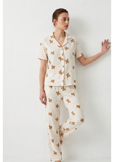 V Yaka Kapama Lastik Bel Kırık Beyaz Pijama Takımı