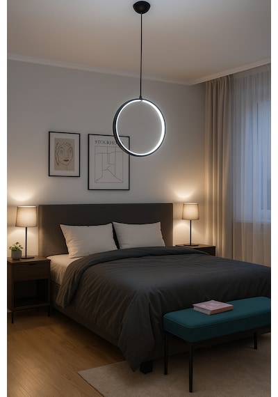 Modern Siyah Led Halka Avize Yatak Odası Ve Salon İçin Tekli Sarkıt Aydınlatma Siyah