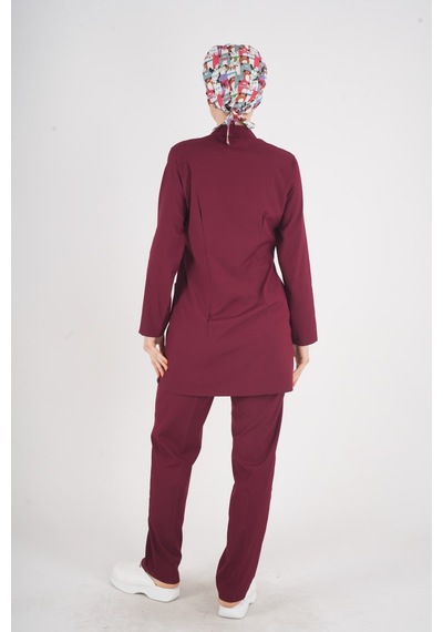 Bordo Renk Sakura Model Tesettür Doktor Hemşire Scrubs Üniforma Takımı Bordo