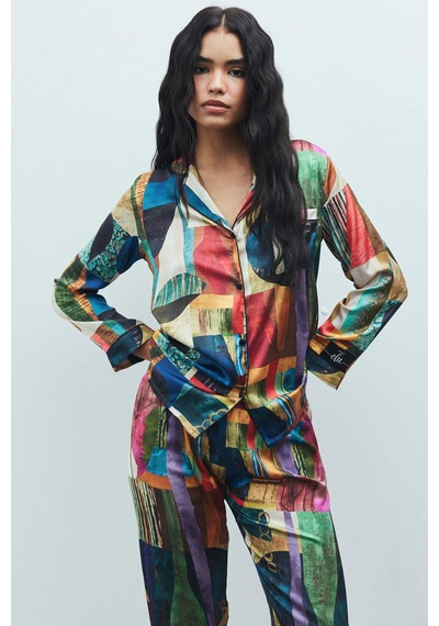 Amour Coloré Desenli Uzun Saten Pijama Takımı Desenli