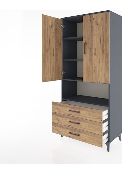 Hyperion Dolap 4 Raflı 3 Çekmeceli 2 Kapaklı 88x44x195 Antras... Antrasit