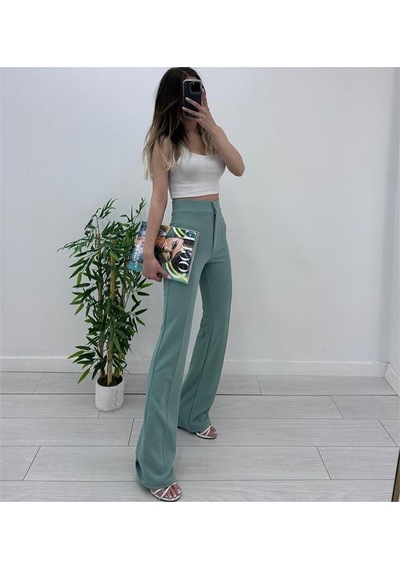 Nevege Butik Nevege Kadın Mint Yüksek Bel Toparlayıcı Ispanyol Paça Palazzo Pantolon Mint Yeşili
