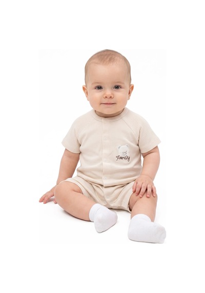 Bebegen Erkek Bebek Bej Ayı Family Nakışlı Çıtçıtlı Şort Tulum