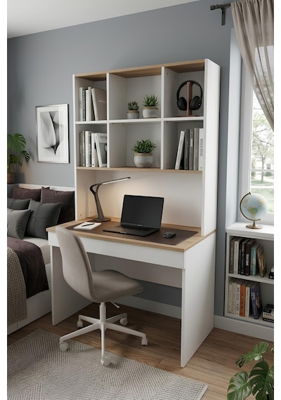 Yeni Nesil Genç Odası Çalışma Masası Mdf Ergonomik Tasarım Kitaplıklı Ve Kapaklı Model Beyaz