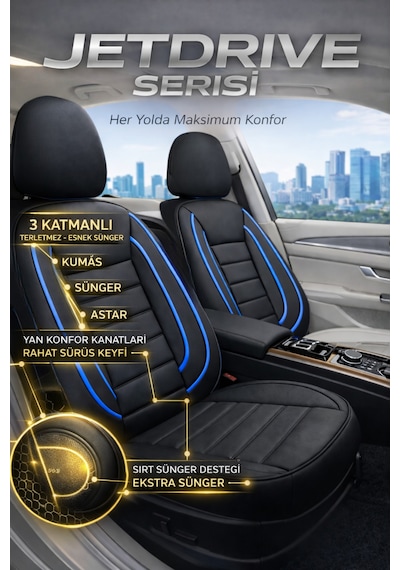 Ford Kuga 2017-2019 2+1 Uyumlu Deri Koltuk Kılıfı Jetdrive Serisi Siyah Mavi