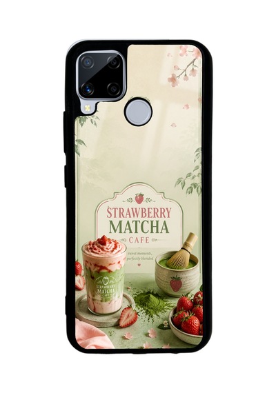 Realme C15 Soft Matcha Strawberry Tasarımlı Glossy Telefon Kılıfı Yeşil