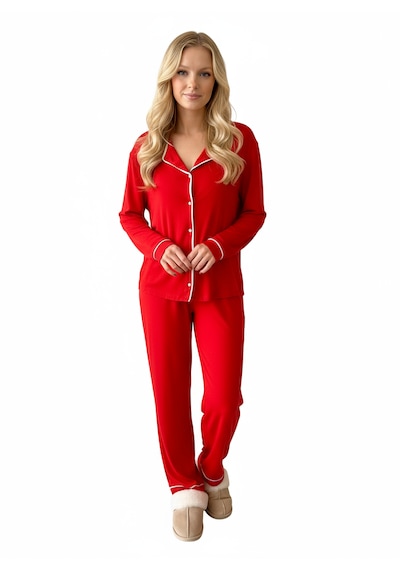 Merlot Kırmızı Düğmeli Biyeli Uzun Pijama Takımı