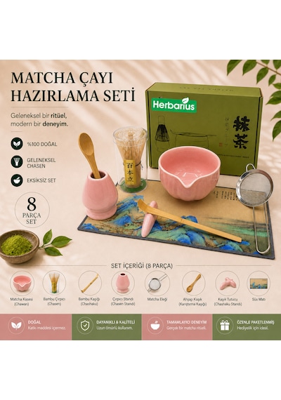 Herbarius 8 Parça Parlak Pudra Pembe Renk Matcha Çayı Hazırlama Seti - Geleneksel Japon Matcha Seti